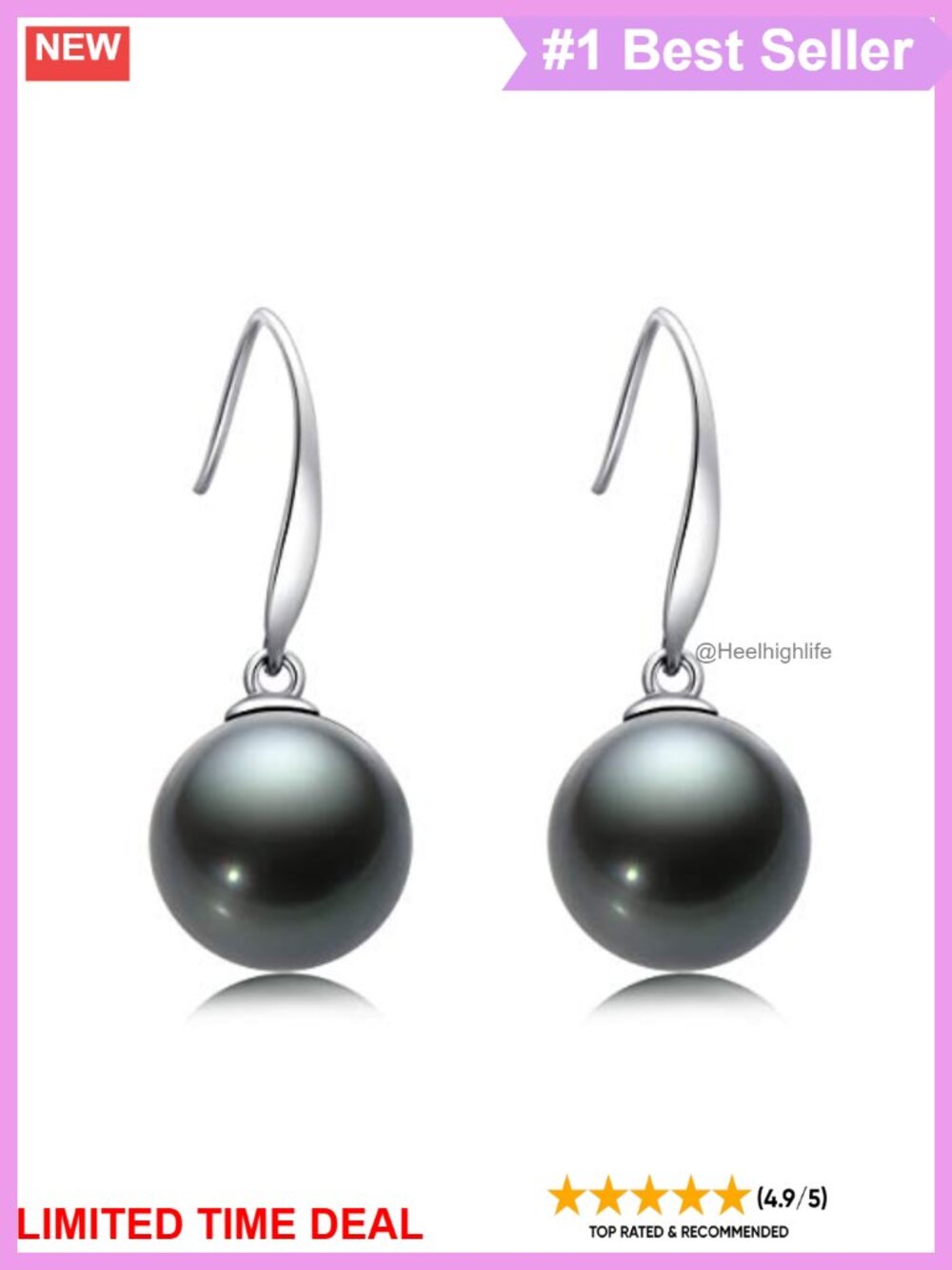 18K White Gold Tahitian Black Pearl Dangle Earrings 8-9mm